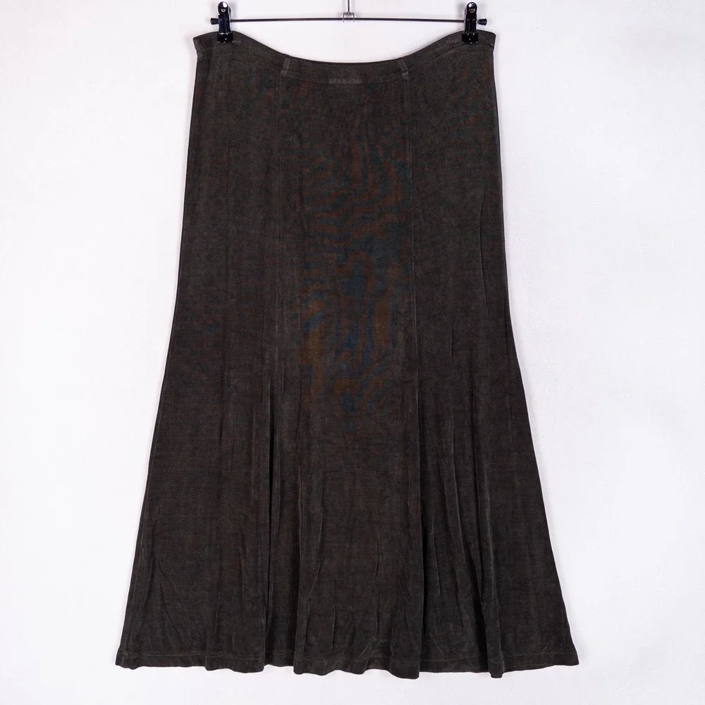 Coldwater Creek Womens Maxi Skirt Large Olive Slinky Knit A-Line Modest Stretch